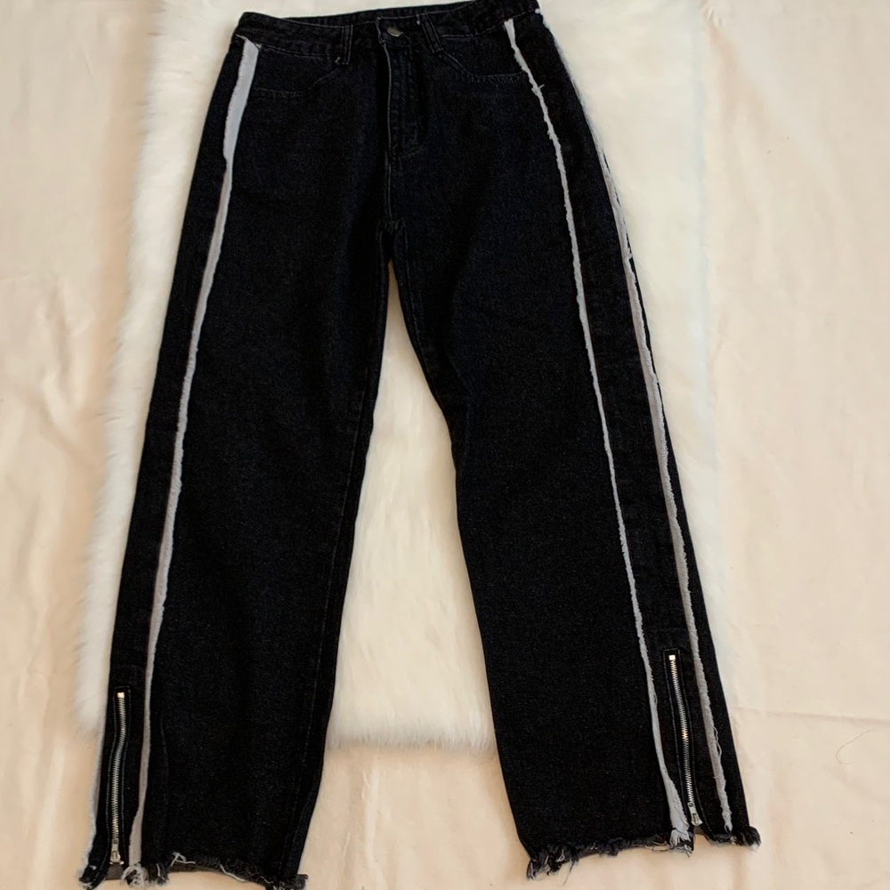 High Rise Black Jeans with White Frayed Stripes  High Waist Womens Small